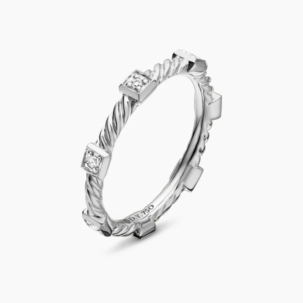 David Yurman Stations Stack Ring 18K White Gold with Diamonds - Size 7